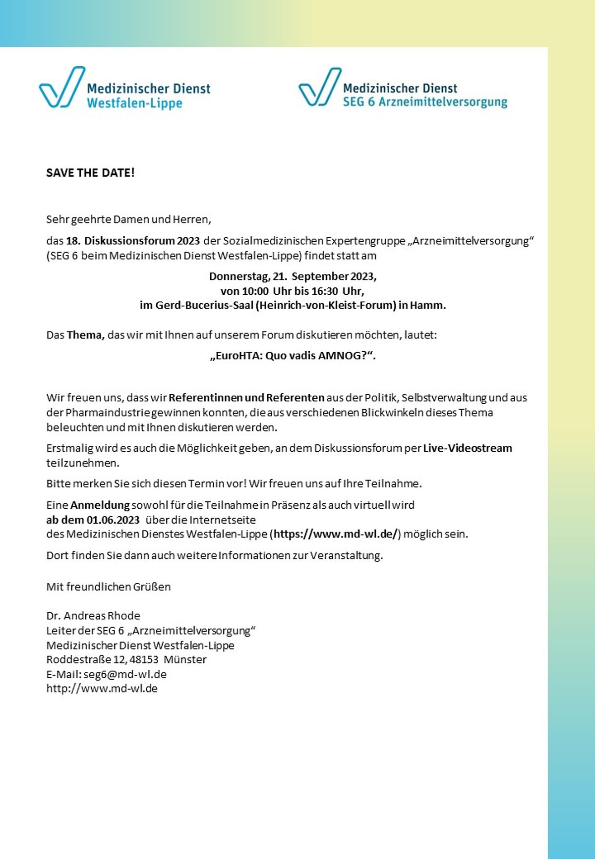 Am 21. September findet das nächste Diskussionsforum der SEG 6 statt.