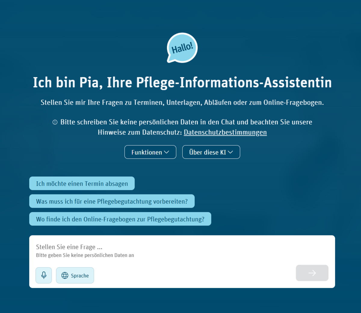 Oberfl&auml;che Chatbot Pia.